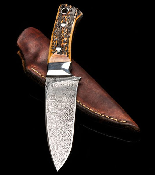 The Wilderness Elegance: Antler Horn and Steel Bolster Hunting Knife with Full Tang Damascus Steel Blade - 8.5 Inches