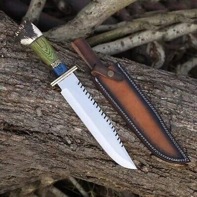 Artisan's Edge: Custom Handmade Hunting Bowie Knife with D2 Steel Blade, Green and Blue Exotic Wood, Antler Horn Handle, Brass Guard, and Leather Sheath
