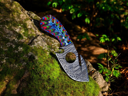 Gut Hook Skinning Knife – 7.25" Damascus Steel Blade with Exotic Color Wood Handle