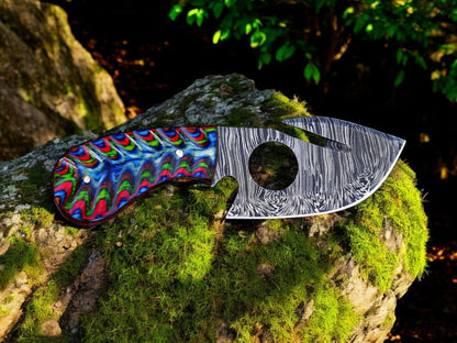 Gut Hook Skinning Knife – 7.25" Damascus Steel Blade with Exotic Color Wood Handle