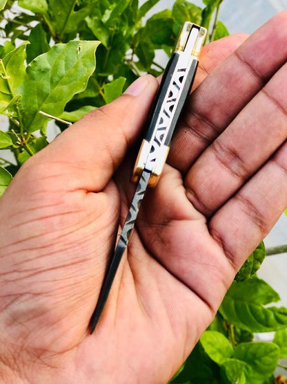 Custom Handmade Damascus Steel Small Folding Pocket Knife with Buffalo Horn Handle and Leather Case by KBS Knives Store.