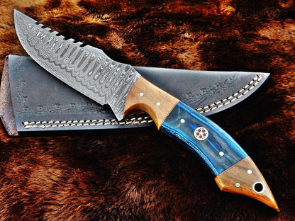 Custom Handmade Damascus Hunting Knife with Exotic Wood Handle