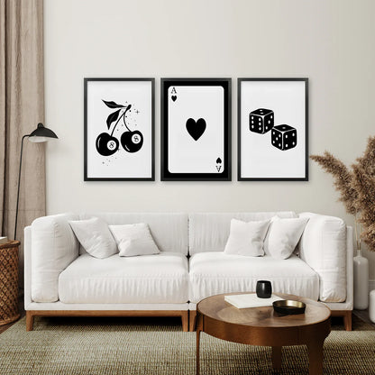 Set of Three Piece Playing Cards Black and White Decor
