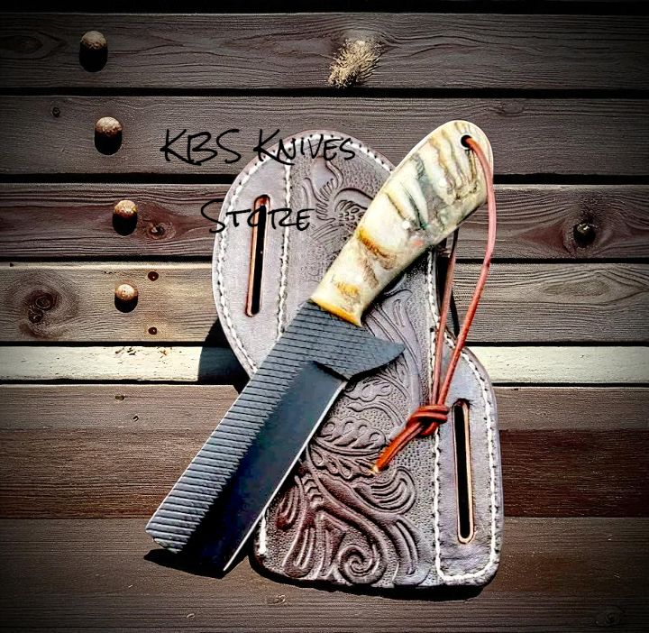 8.25" Full Tang Bull Cutter Knife with Rasp File Steel, Sheep Horn Handle, and Leather Sheath