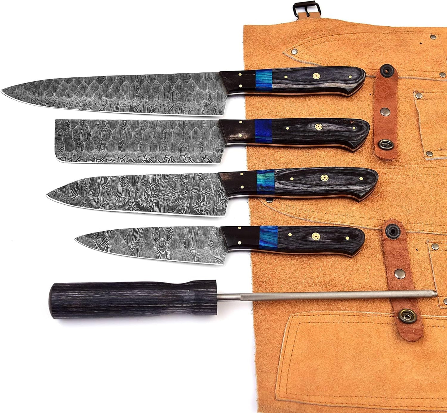 Custom Handmade Damascus Kitchen Knife Set with Sharpener