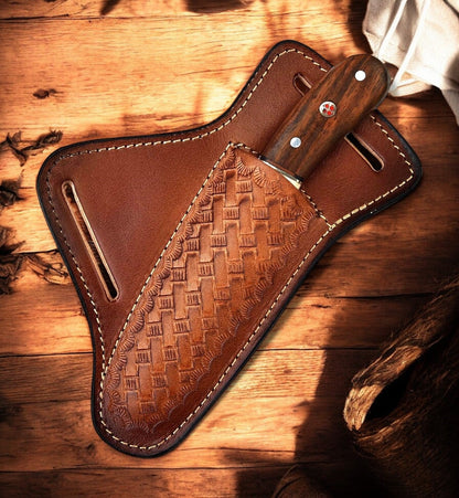 Bull Cutter Knife Sheath – Handmade Damascus Blade & Rosewood Handle | Custom Ranch EDC