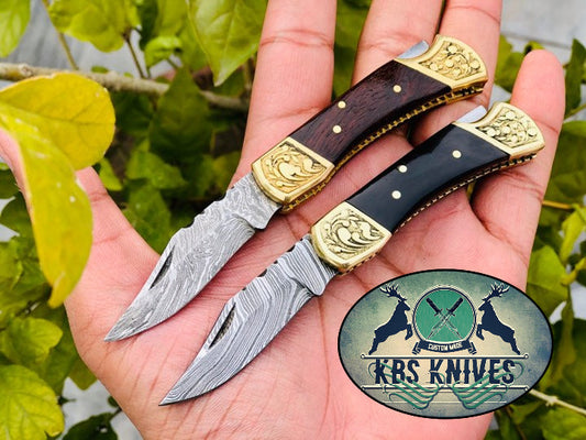 Pair of Custom Handmade Damascus Steel Small Folding Pocket Knives with Rosewood and Buffalo Horn Handles
