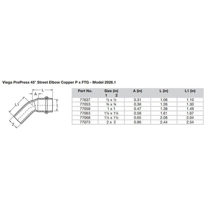 Viega ProPress 3/4" - 45 Copper Elbow - Street/Press Connection - Smart Connect Technology