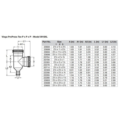 Viega ProPress 2-1/2" Copper Tee - Triple Press Connection - Smart Connect Technology