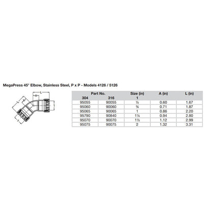 Viega MegaPress 2" 45 Stainless Steel 304 Elbow - Double Press Connection - Smart Connect Technology