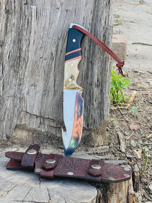 Hornstrike Guthook Hunting Knife – Custom 9" 440C Steel Blade with Black G10 & Sheep Horn Handle