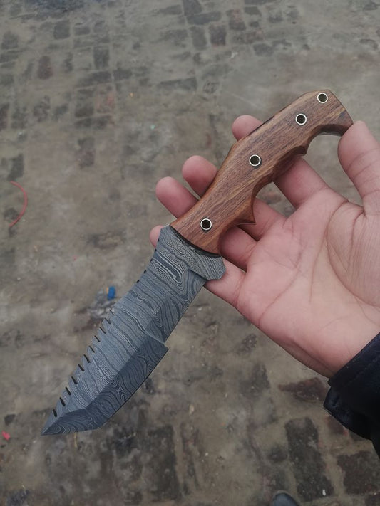 Custom Handmade Damascus Tanto Tracker Knife with Rosewood Handle - 10 inches Overall Length, Serrated Top Blade
