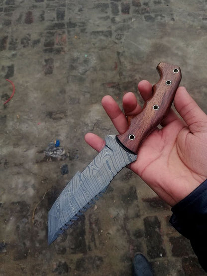 Custom Handmade Damascus Tanto Tracker Knife with Rosewood Handle - 10 inches Overall Length, Serrated Top Blade