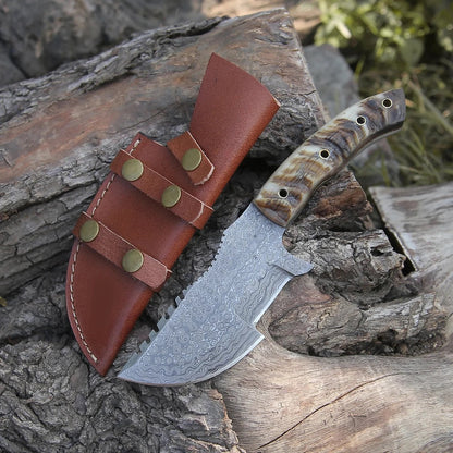 Knife from the Movie Hunted – 10" Damascus Steel with Sheep Horn Handle