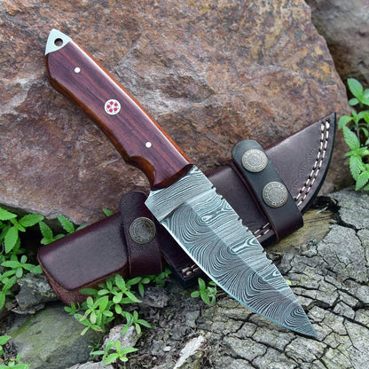 Damascus Skinning Knife With Rose Wood Handle