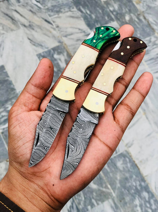 Top Quality Damascus Steel Folding Pocket Knife with Bone-Rosewood and Green Wood Handle, 3 Inches Blade Length