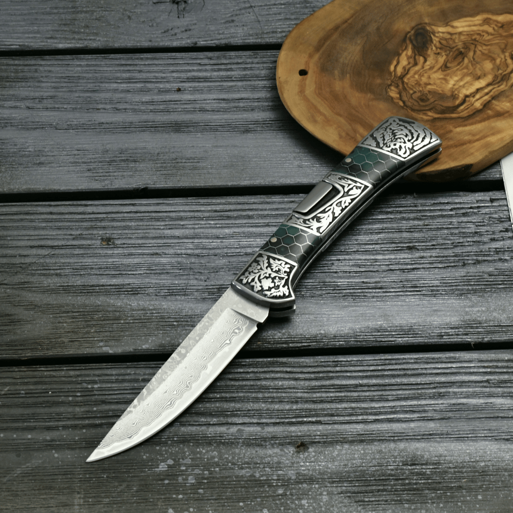 Wraith Damascus Pocket Knife with Honeycomb Resin Handle