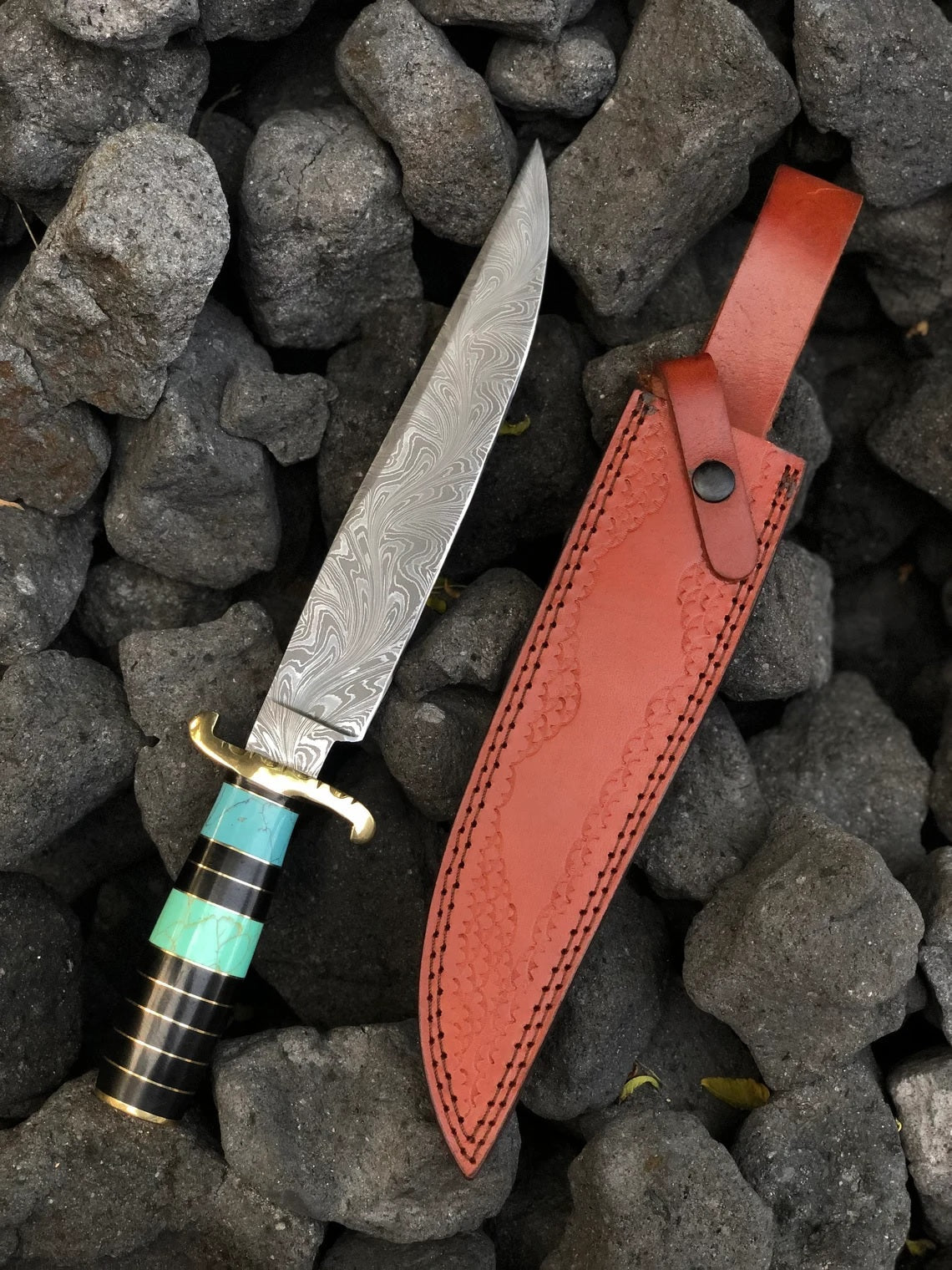 One-of-a-Kind Damascus Steel Bowie Knife - Custom Made, 15" Overall, 10" Blade, Turquoise Handle, Brass Spacers, and Guard