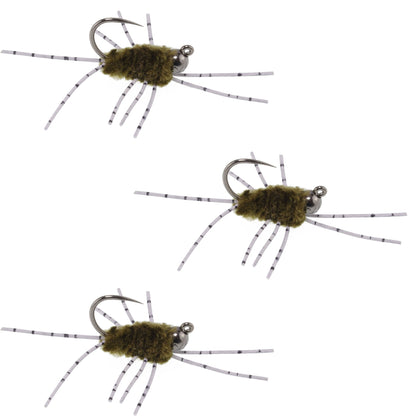 3 Pack Barbless Pat's Barred Rubber Legs Tungsten Bead Jigged Dark Olive Euro Nymph  -  Hook Size 6