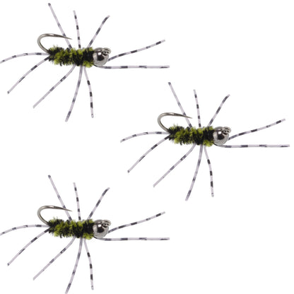 3 Pack Barbless Pat's Barred Rubber Legs Tungsten Bead Jigged Black/Olive Euro Nymph  - Hook Size 6