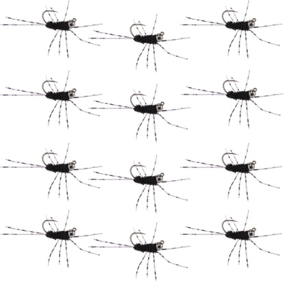 Barbless Pat's Barred Rubber Legs Tungsten Bead Jigged Black Euro Nymph  - Set of 12 Flies Hook Size 6