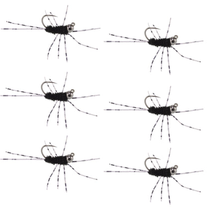 Barbless Pat's Barred Rubber Legs Tungsten Bead Jigged Black Euro Nymph  - Set of 6 Flies Hook Size 6