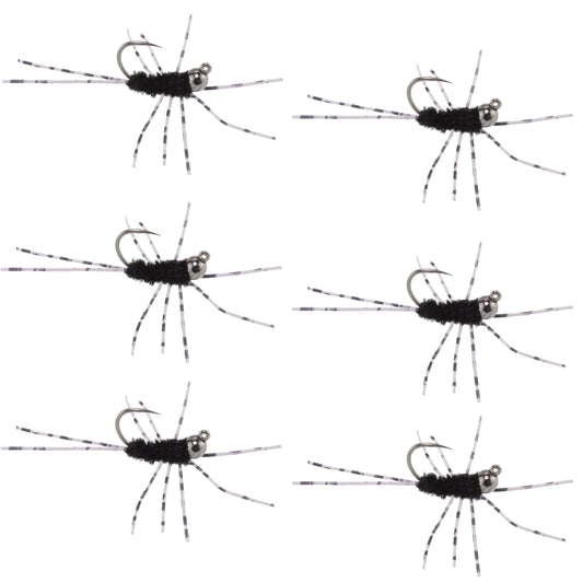 Barbless Pat's Barred Rubber Legs Tungsten Bead Jigged Black Euro Nymph  - Set of 6 Flies Hook Size 6