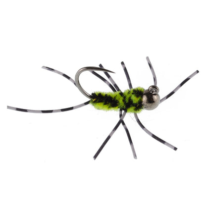 Barbless Pat's Barred Rubber Legs Tungsten Bead Jigged Black/Chartreuse Euro Nymph  - Set of 6 Flies Hook Size 6