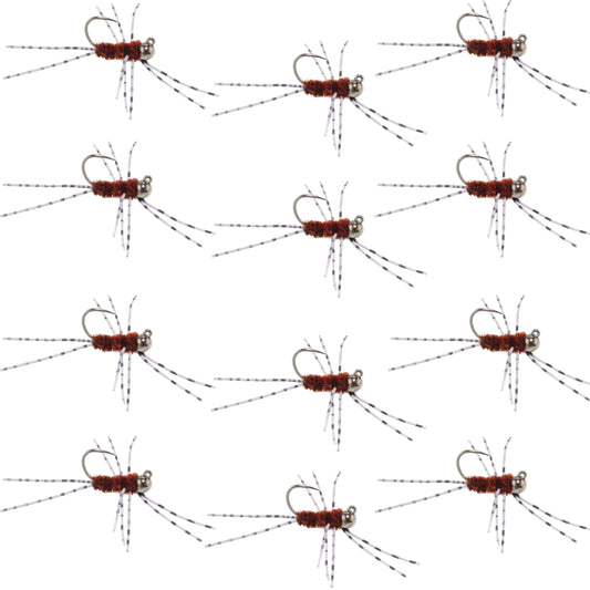 Barbless Pat's Barred Rubber Legs Tungsten Bead Jigged Brown Euro Nymph  - Set of 12 Flies Hook Size 6