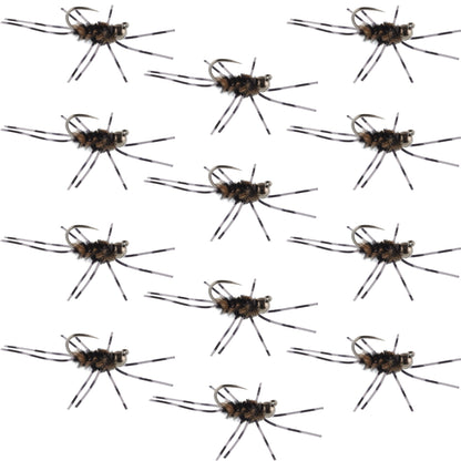 Barbless Pat's Barred Rubber Legs Tungsten Bead Jigged Coffee/Black Euro Nymph  - Set of 12 Flies Hook Size 6