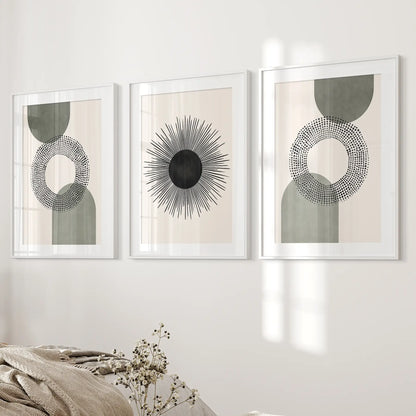 Set of 3 Boho Prints. Sage Green Modern Mid Century Wall Art.
