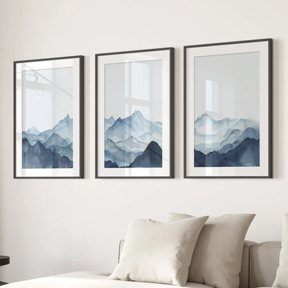Blue Abstract Watercolor Mountain 3 Piece Decor