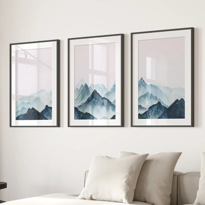 Modern Blue Watercolor Mountain Landscape Prints