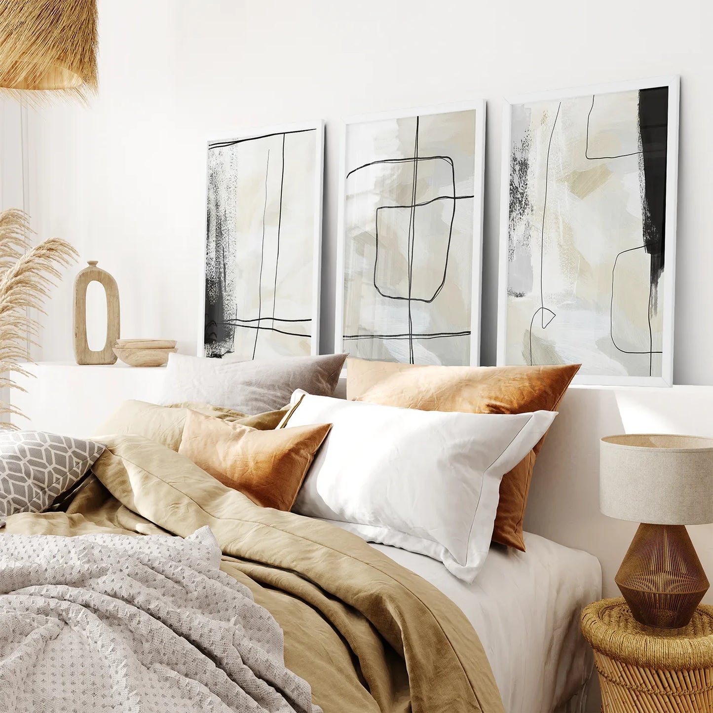 Black and Beige Minimalist Set of 3 Pieces. Nordic Abstract Style