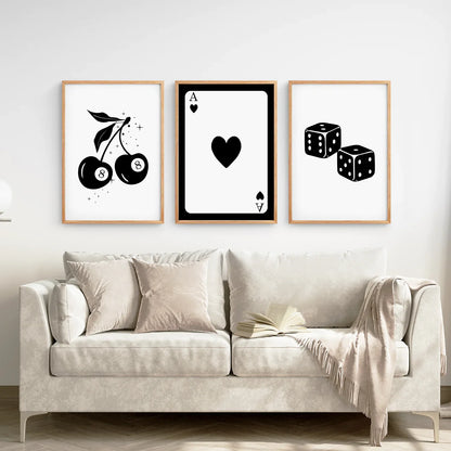 Set of Three Piece Playing Cards Black and White Decor