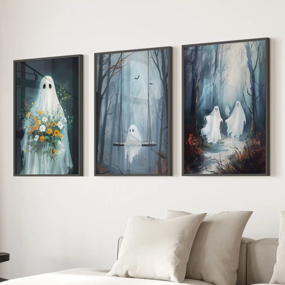 Cute Ghosts Halloween Art Print Gothic Decor Set
