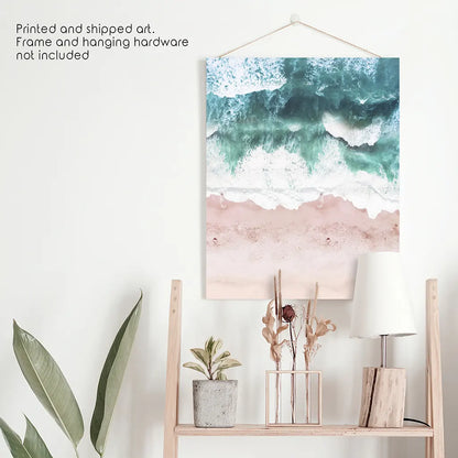 Aerial Coastal Ocean Wall Decor. Pink Beach, Blue Waves