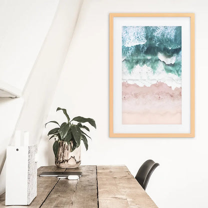 Aerial Coastal Ocean Wall Decor. Pink Beach, Blue Waves