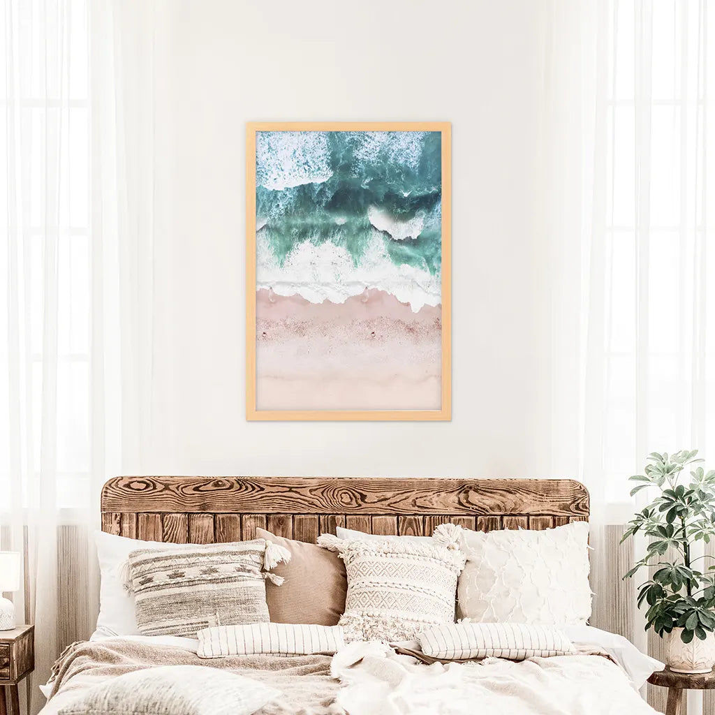 Aerial Coastal Ocean Wall Decor. Pink Beach, Blue Waves