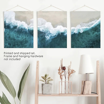 Turquoise Wave on the Sandy Beach Prints. Aerial Photography