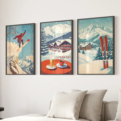 Ski Lodge Set of 3 Prints: Retro Snowboard, Après Ski Art