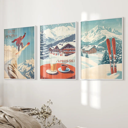 Ski Lodge Set of 3 Prints: Retro Snowboard, Après Ski Art