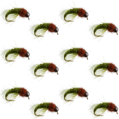 Bead Head Olive Brown Caddis Larva Nymph 12 Flies - Hook Size 14