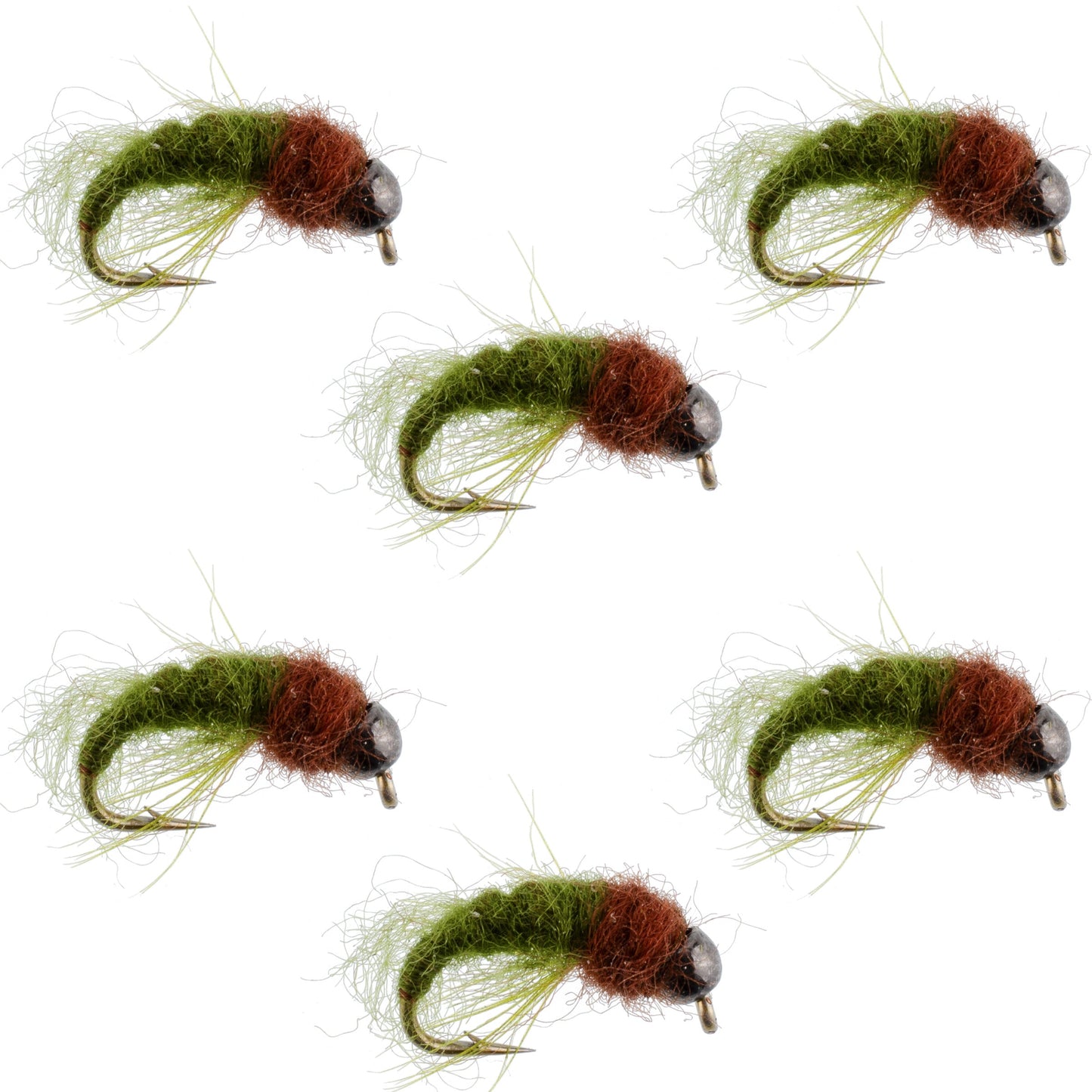 Bead Head Olive Brown Caddis Larva Nymph 6 Flies - Hook Size 16