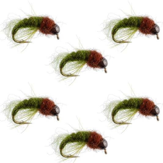 Bead Head Olive Brown Caddis Larva Nymph 6 Flies - Hook Size 16