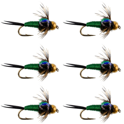 Bead Head Green Copper John Nymph Fly Fishing Flies - Set of 6 Flies Hook Size 14