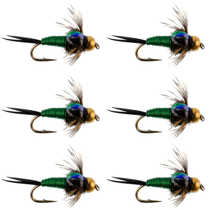 Bead Head Green Copper John Nymph Fly Fishing Flies - Set of 6 Flies Hook Size 18