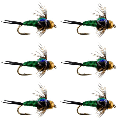 Bead Head Green Copper John Nymph Fly Fishing Flies - Set of 6 Flies Hook Size 12