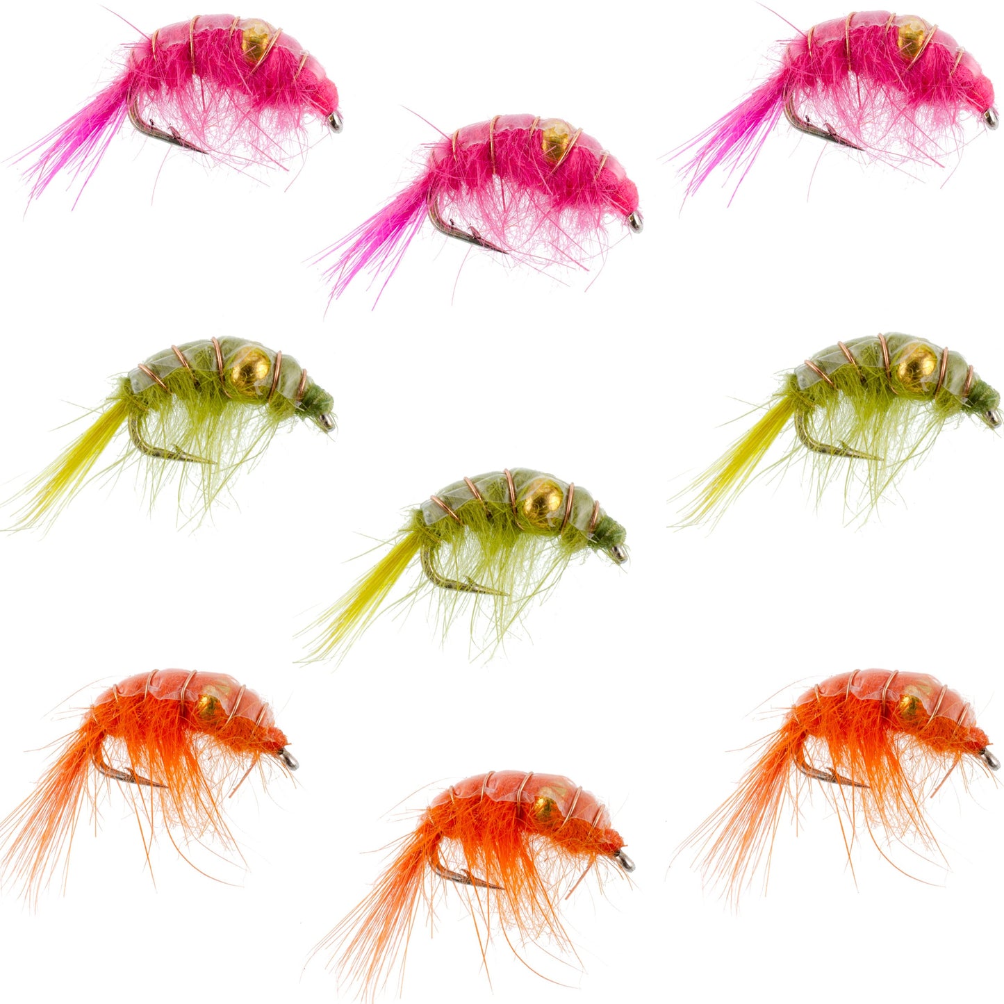 Beaded Shrimp Scud Assortment - 9 Flies - 3 Each of 3 Patterns Size 16 - Tailwater Lake Fly Collection