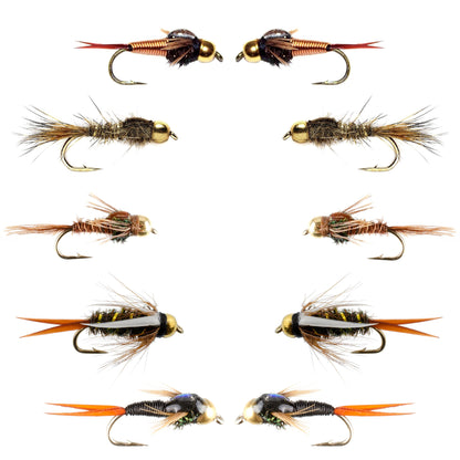 Basics Collection - Tungsten Bead Head Nymph Assortment - 10 Wet Flies - 5 Patterns - Hook Sizes 10, 12, 14, 16